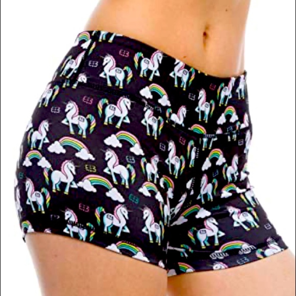 New IAB I AM BECOMING 8 MED unicorn rainbow black 3” no ride booty shorts